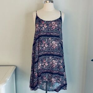 Free People Mixed Print Rayon Bohemian Casual Slip Dress Tunic Open Back, Large